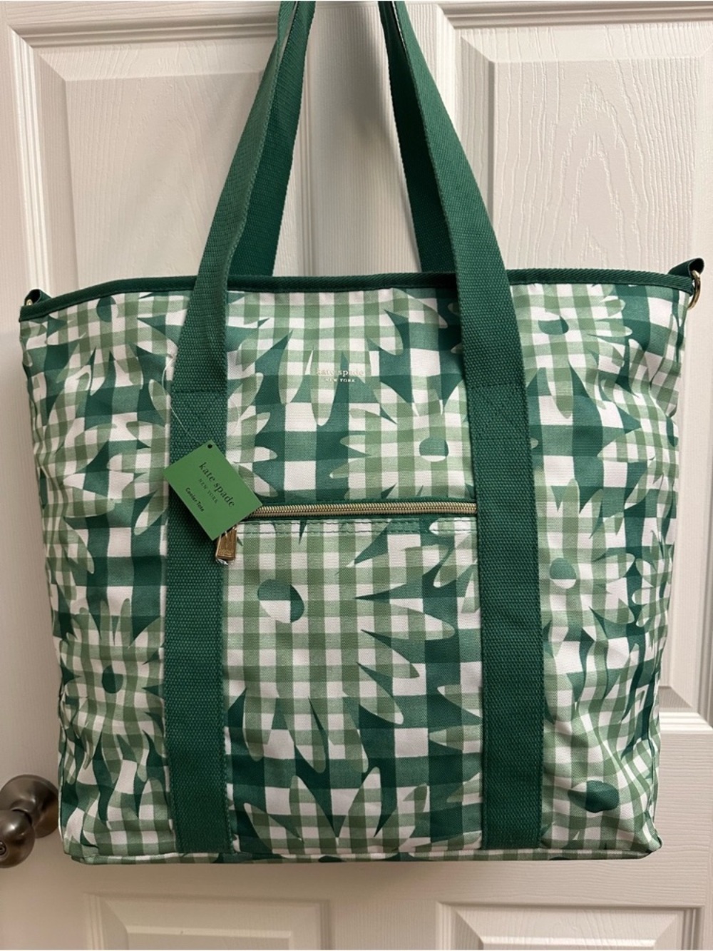 Kate Spade New York Daisy Gingham Insulated Cooler Tote Green & White NWT